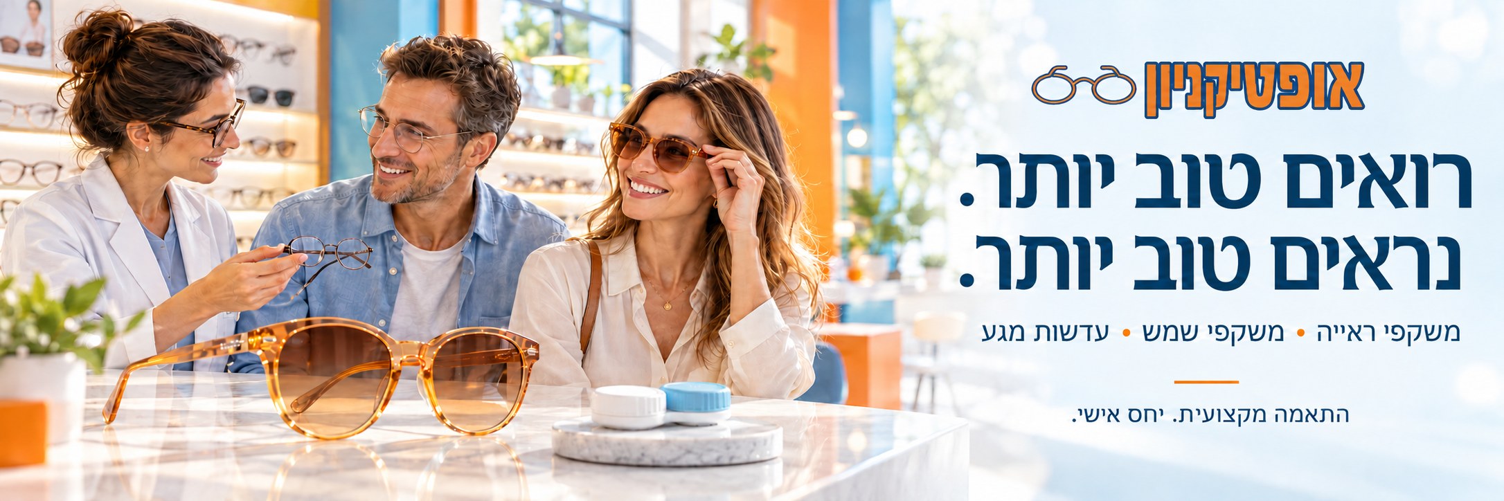 אופטיקניון — רואים טוב יותר. נראים טוב יותר. צוות ולקוחות בחנות אופטיקה בגווני כתום ותכלת
